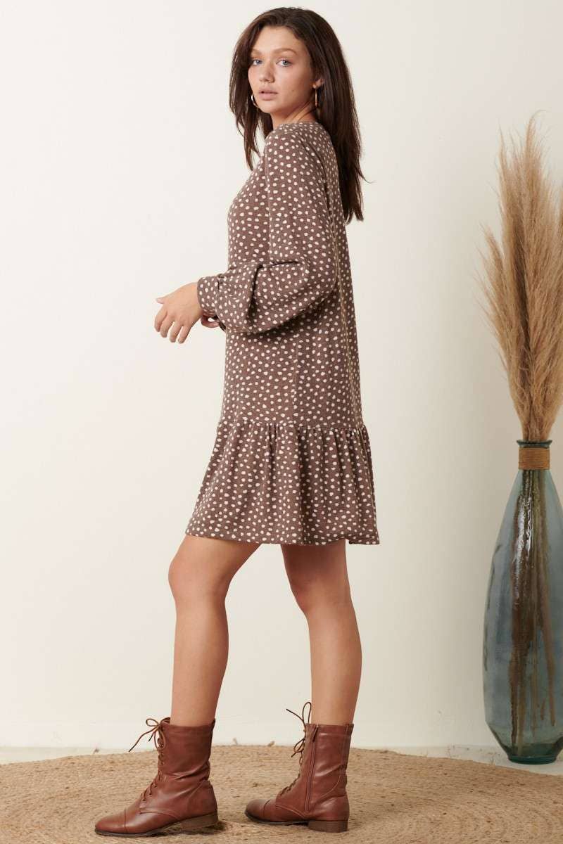 DOT PRINT RUFFLE DETAIL MINI SWEATER DRESS