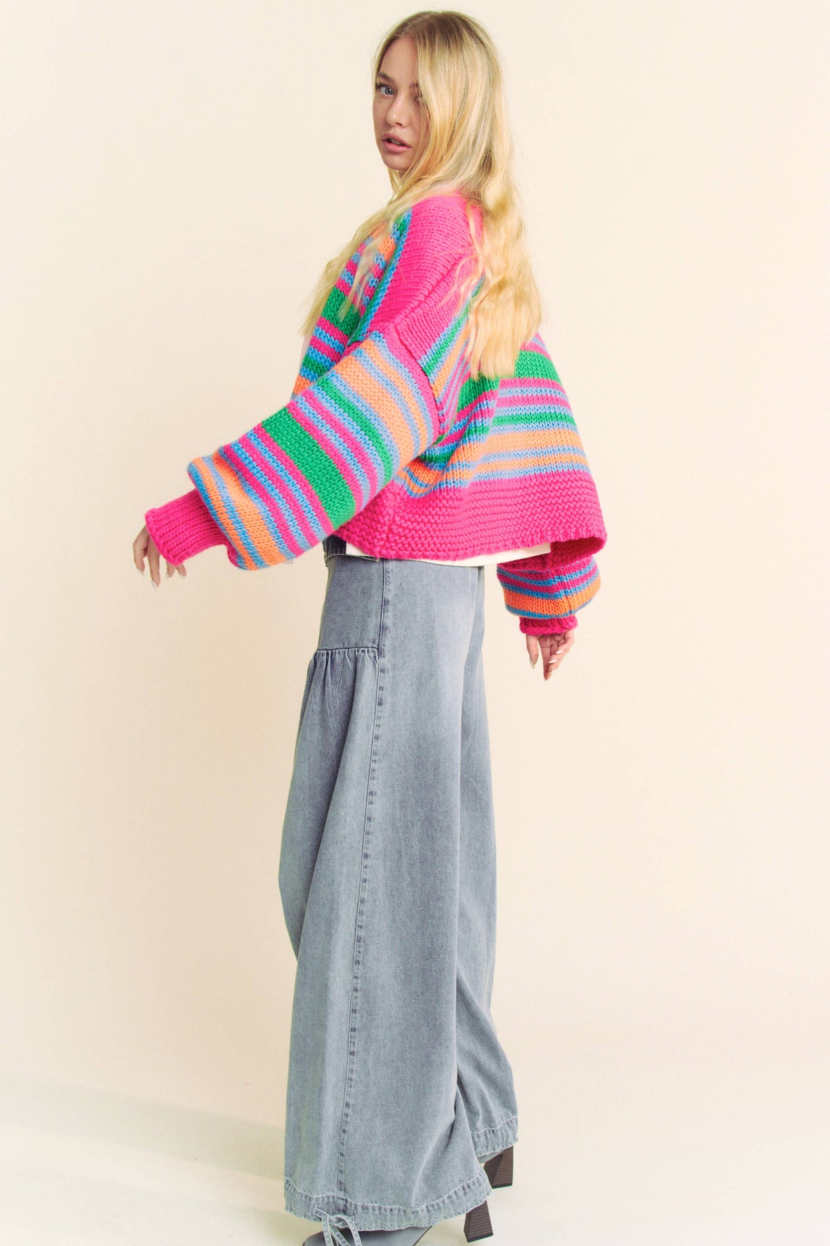 Chunky Knit Multi Striped Open Sweater Cardigan