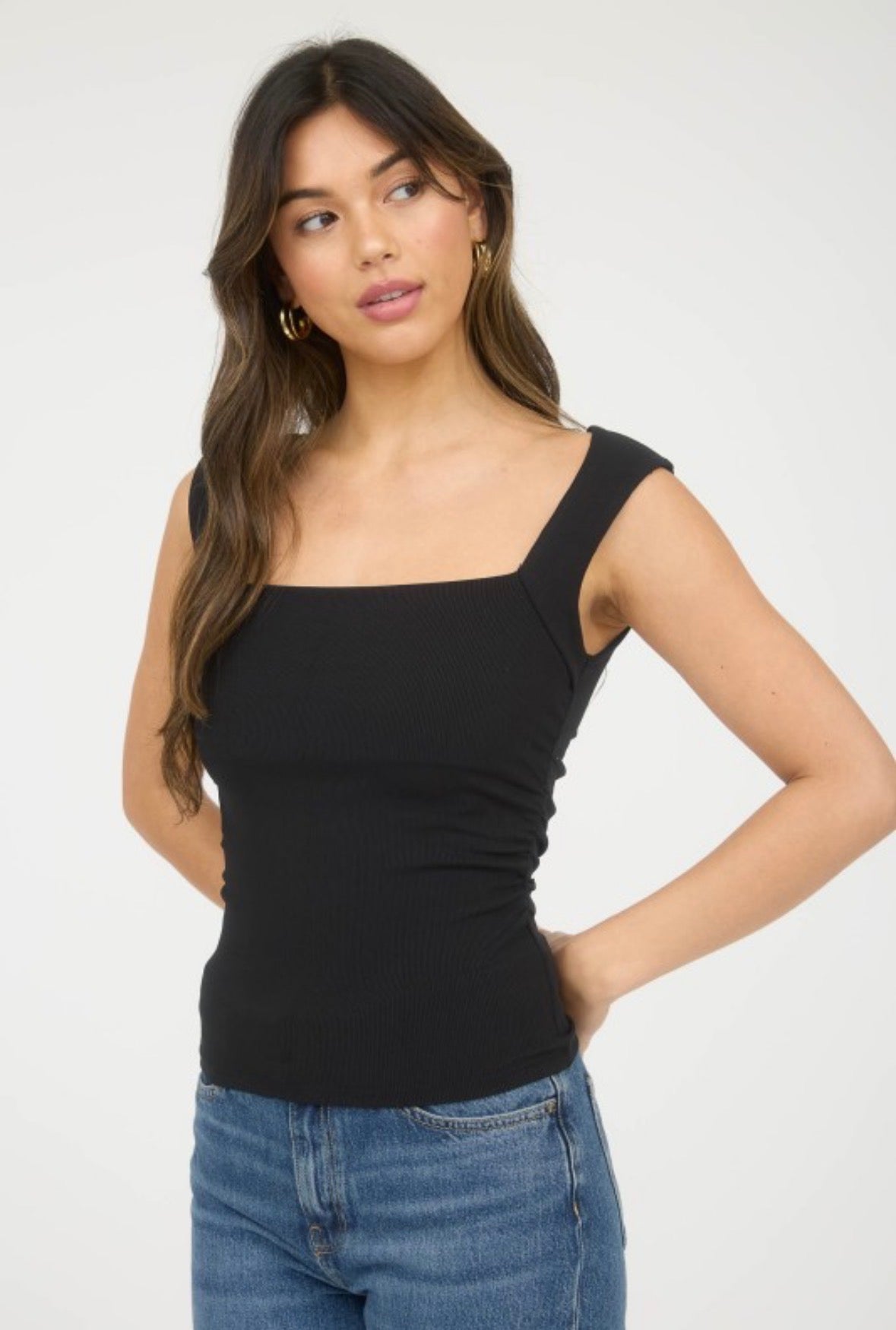 Square Neck Sleeveless Ruched Detail Top
