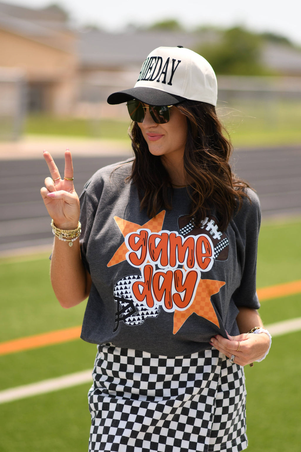 Orange Game Day Checkered Stars Tee