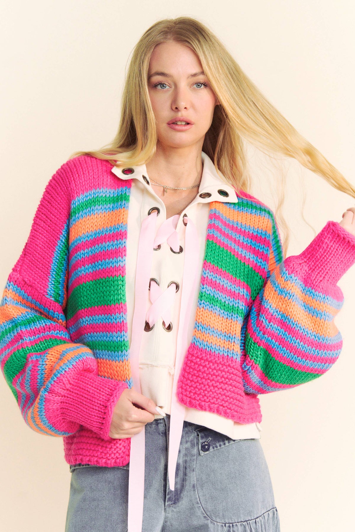 Chunky Knit Multi Striped Open Sweater Cardigan