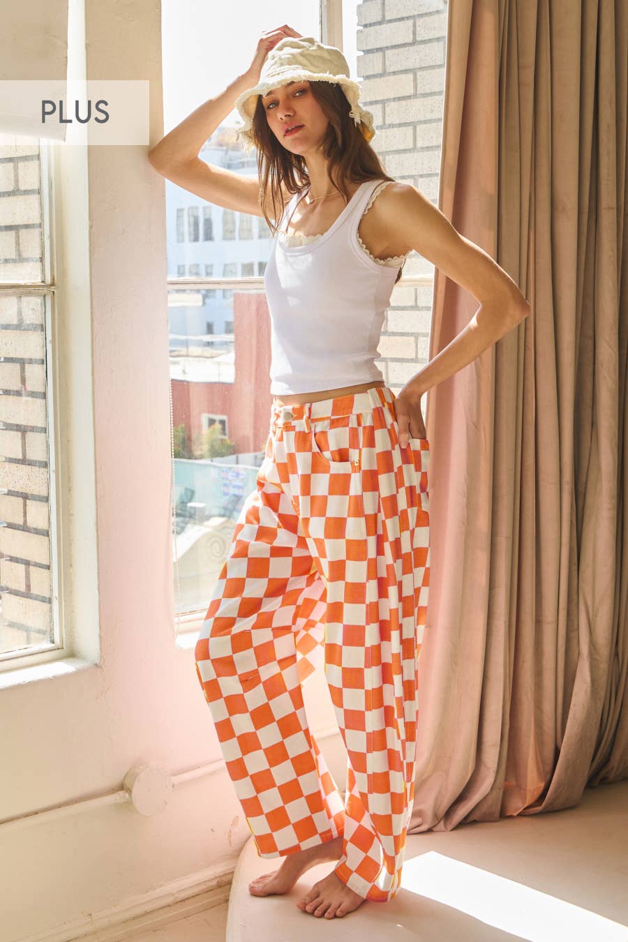 Orange Checkered Printed Barrel Denim Pants