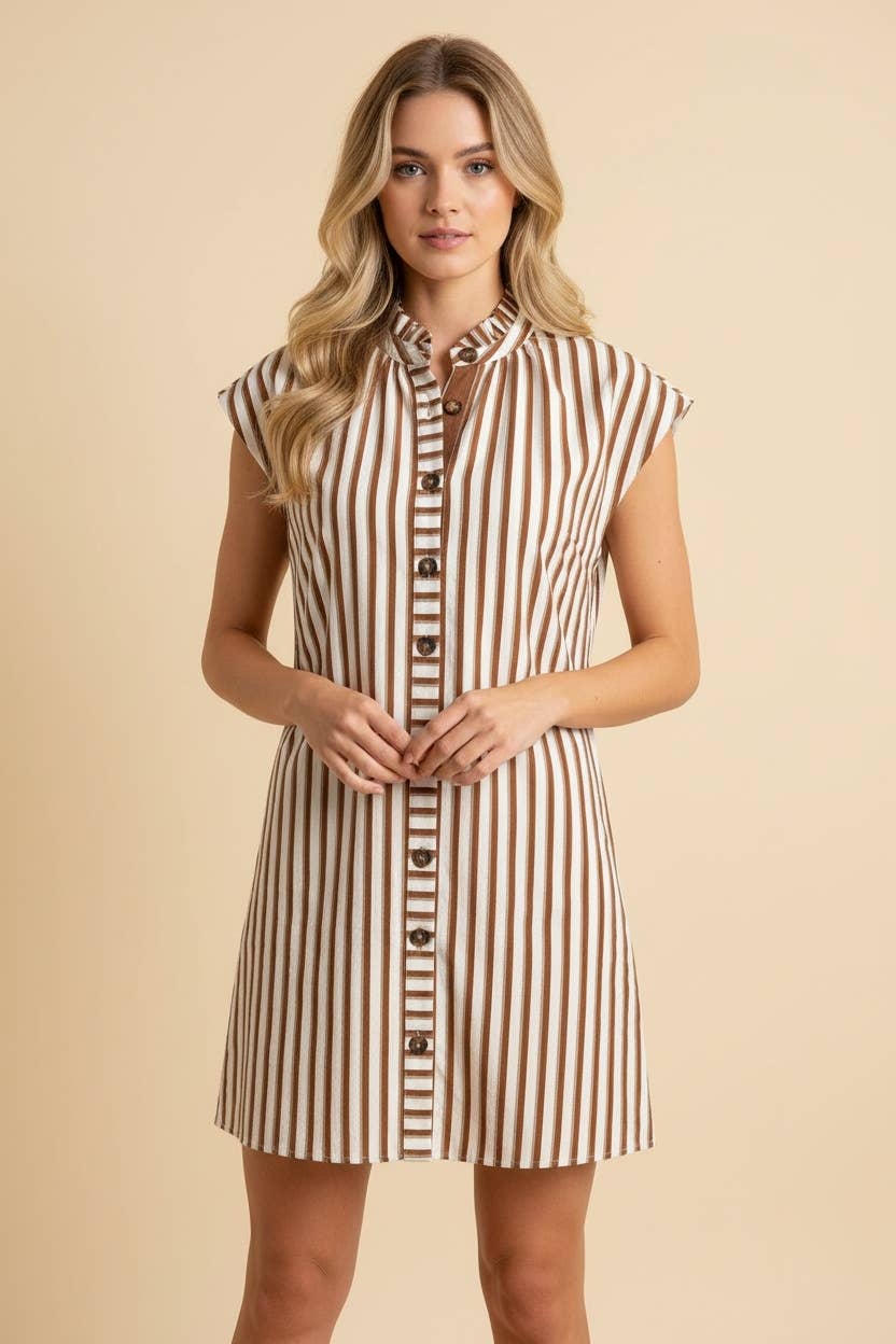 Striped Cap Sleeve Button-Front Mini Shirt Dress