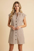 Striped Cap Sleeve Button-Front Mini Shirt Dress