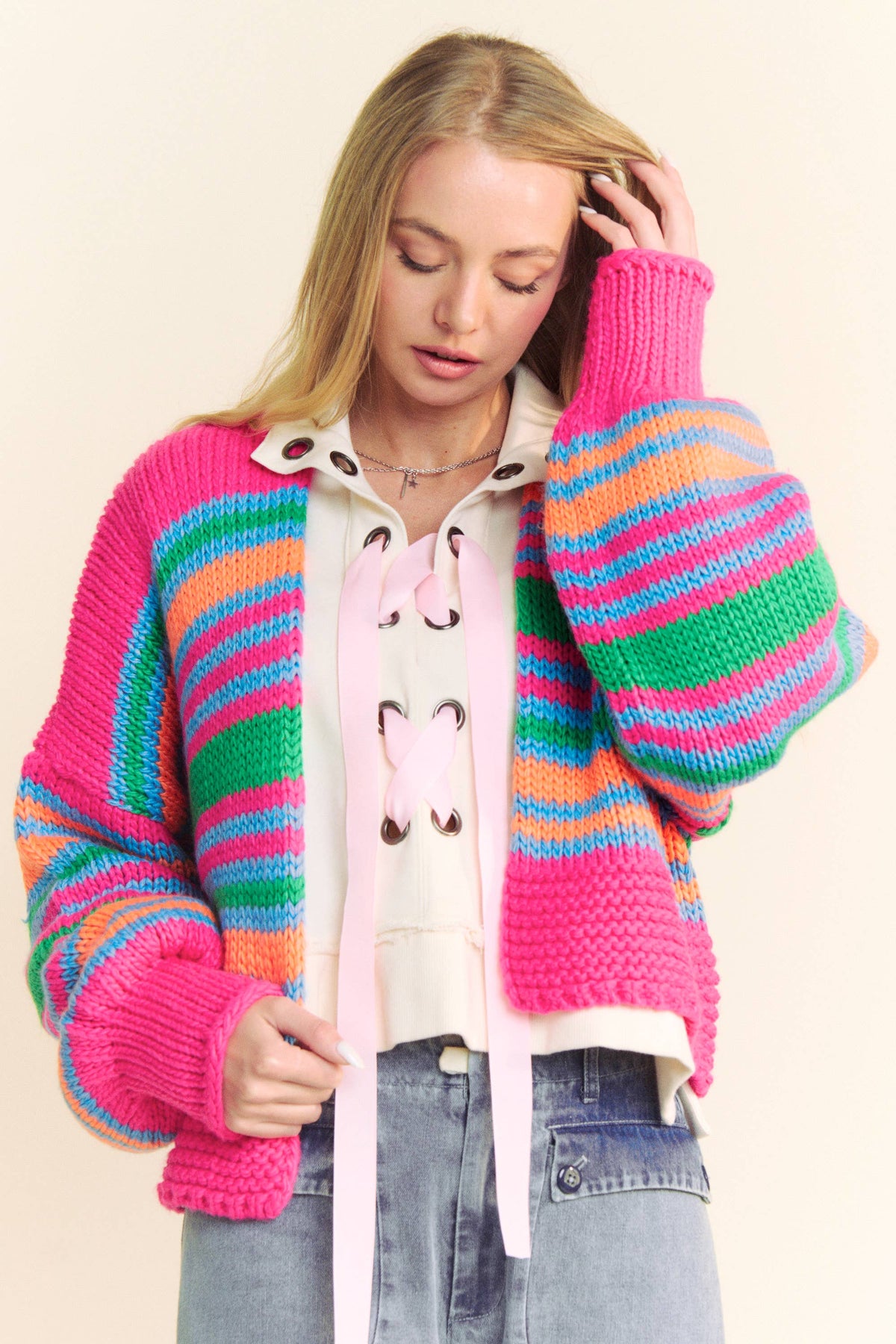 Chunky Knit Multi Striped Open Sweater Cardigan