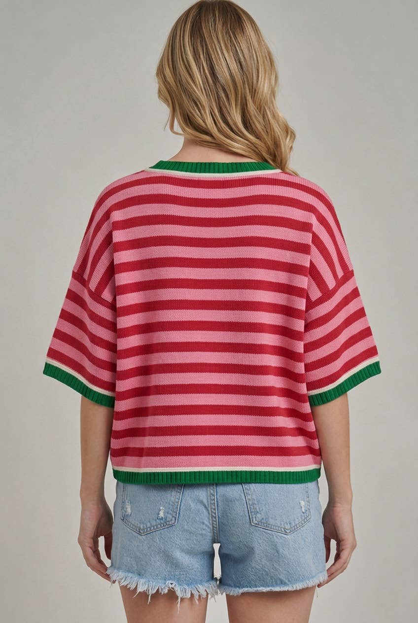 CHRISTMAS MERRY SHERPA LETTERING STRIPE SWEATER