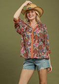 Mix Floral Print Contrast Trim Blouse