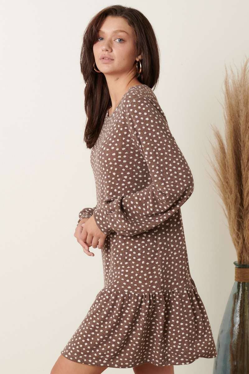 DOT PRINT RUFFLE DETAIL MINI SWEATER DRESS