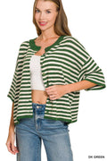 Striped Wool Blend Short Sleeve Cardigan Sweater