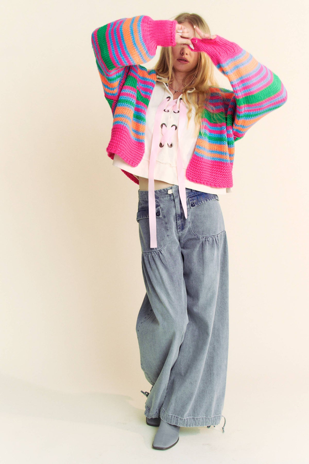 Chunky Knit Multi Striped Open Sweater Cardigan
