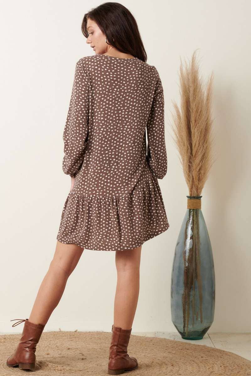 DOT PRINT RUFFLE DETAIL MINI SWEATER DRESS