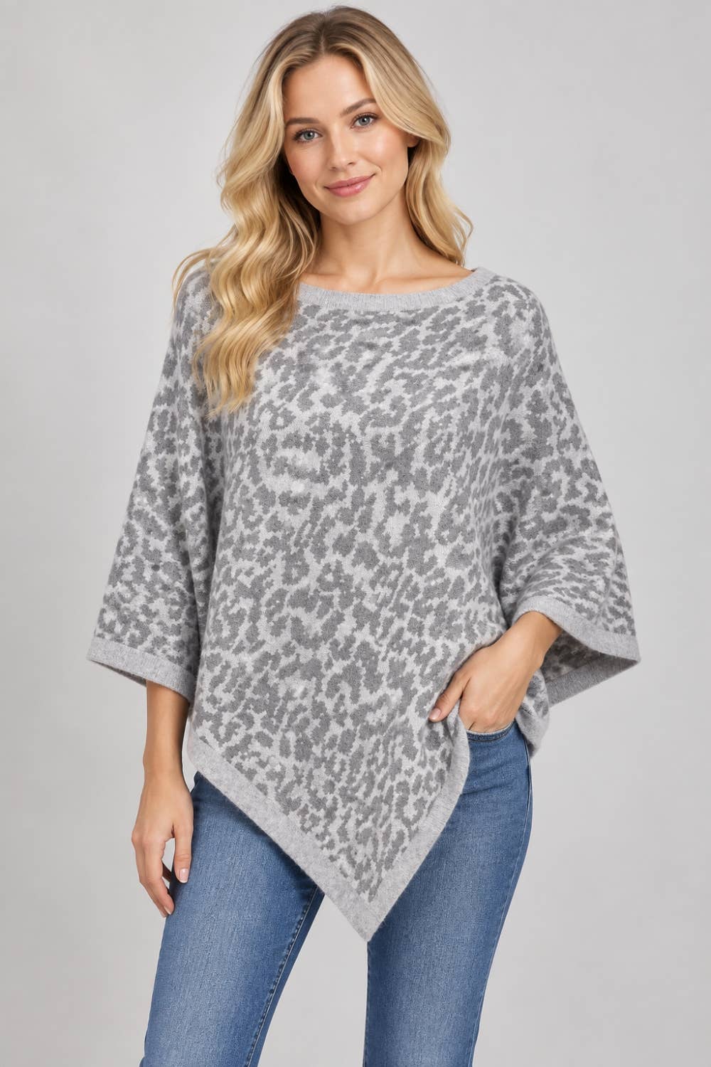 Animal-Print Asymmetrical Sweater Poncho