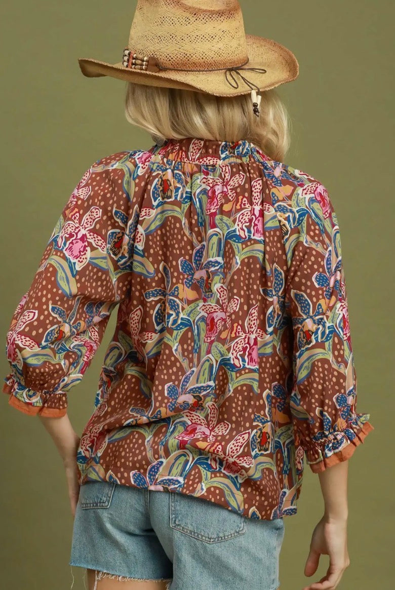 Mix Floral Print Contrast Trim Blouse