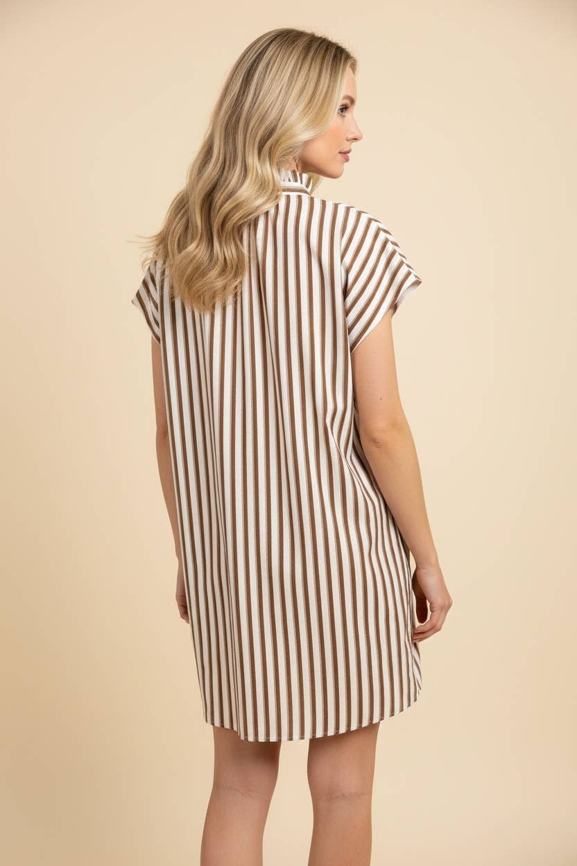Striped Cap Sleeve Button-Front Mini Shirt Dress