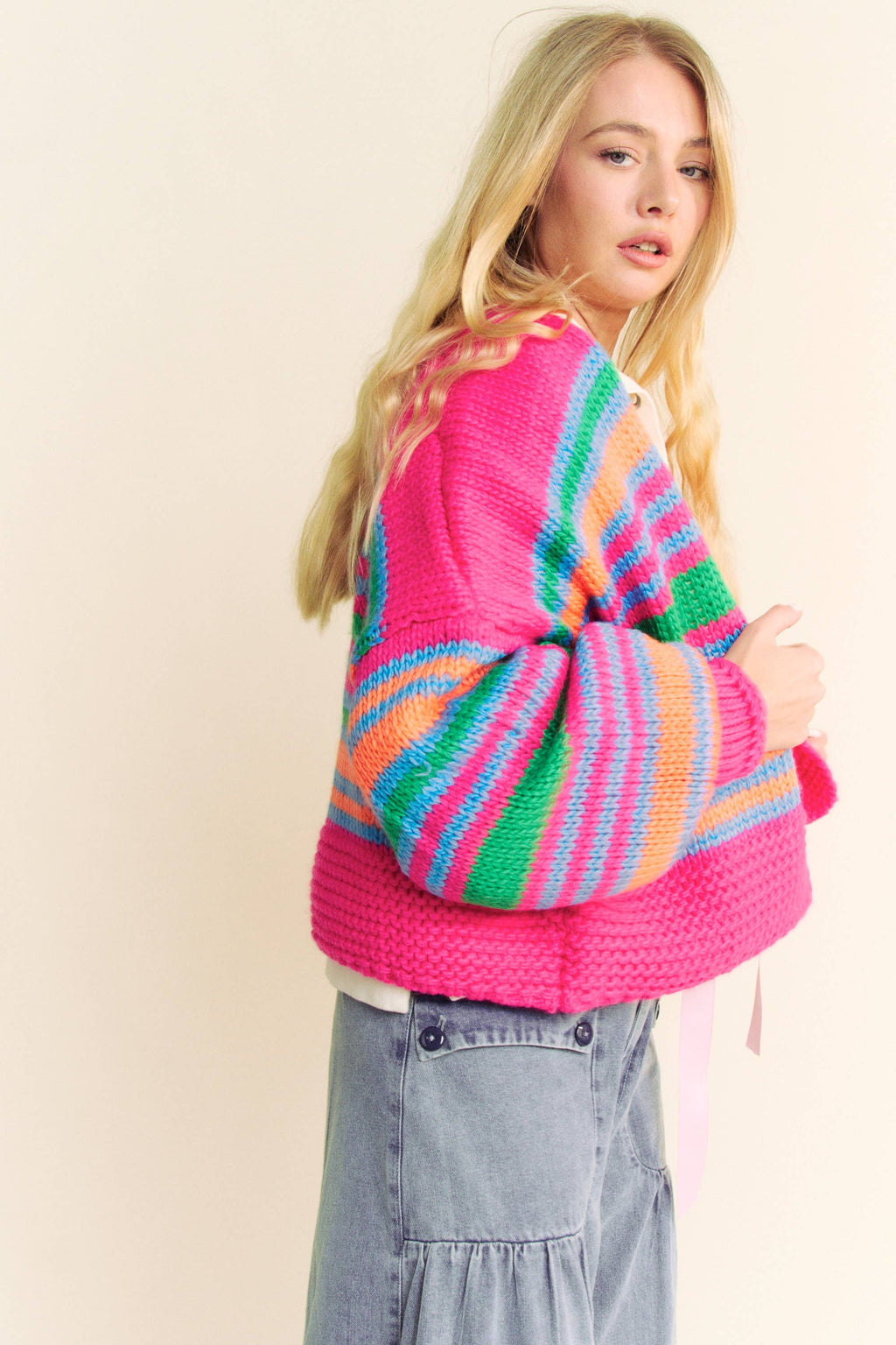 Chunky Knit Multi Striped Open Sweater Cardigan
