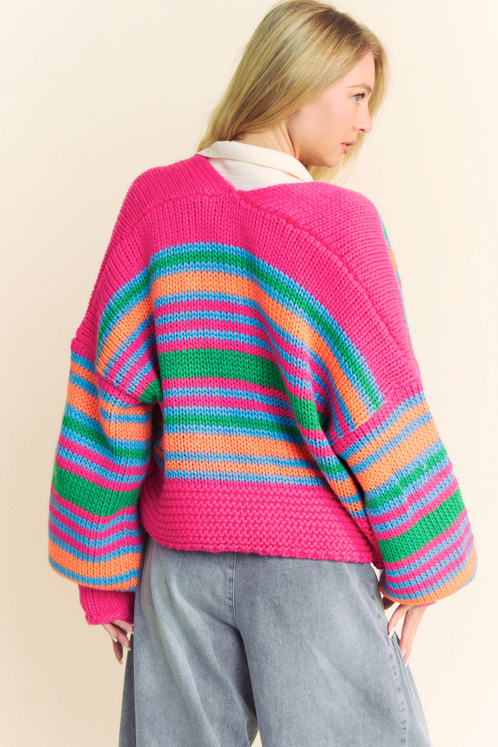 Chunky Knit Multi Striped Open Sweater Cardigan