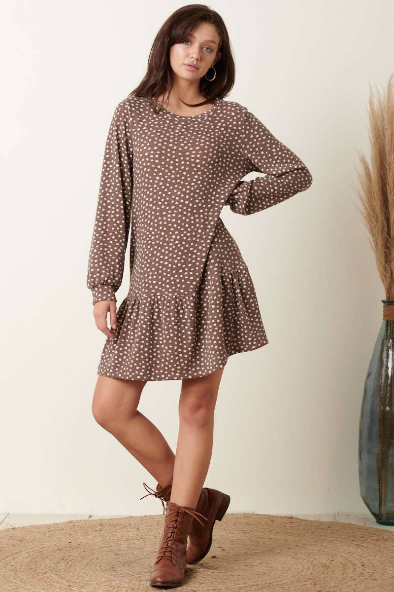 DOT PRINT RUFFLE DETAIL MINI SWEATER DRESS