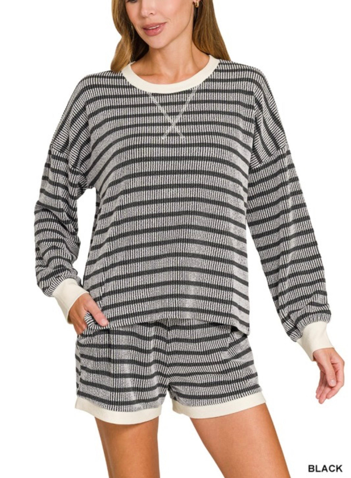 Raised Rib Striped Pullover & Shorts Set