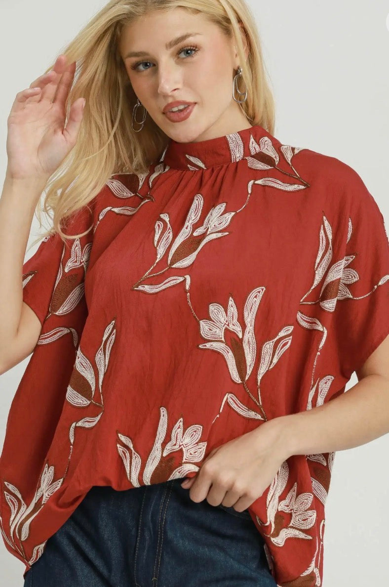 Embroidered Floral Mock Neck Dolman Sleeve Top