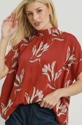 Embroidered Floral Mock Neck Dolman Sleeve Top