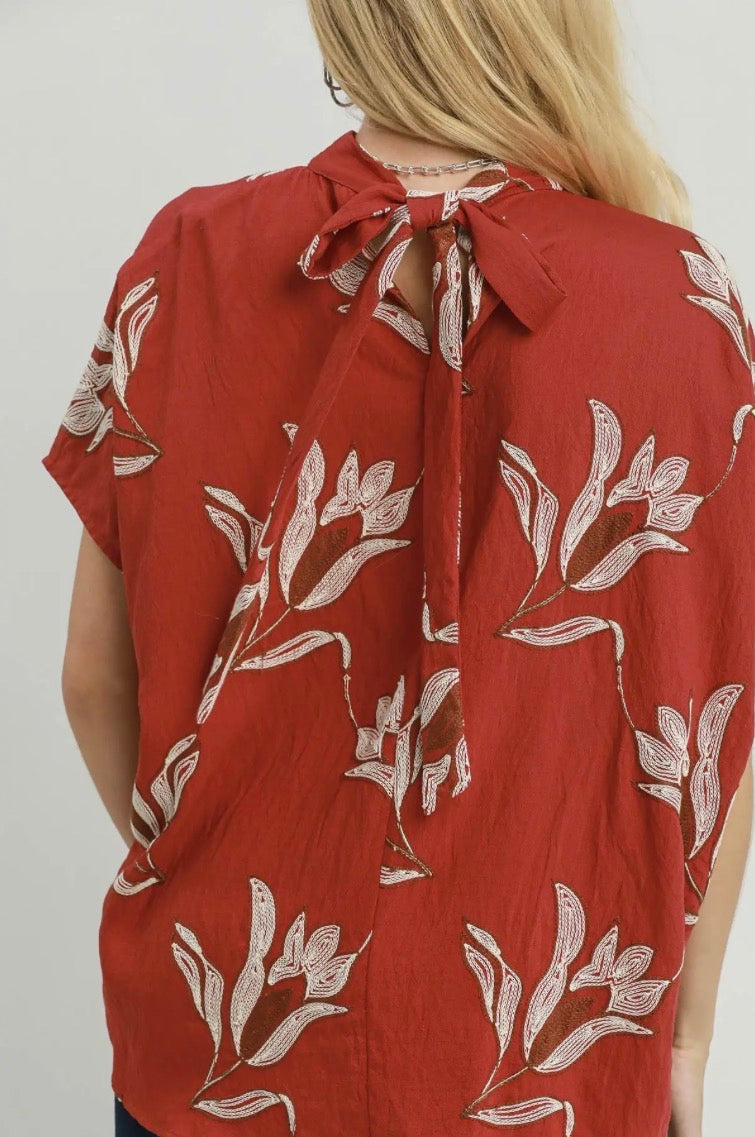 Embroidered Floral Mock Neck Dolman Sleeve Top