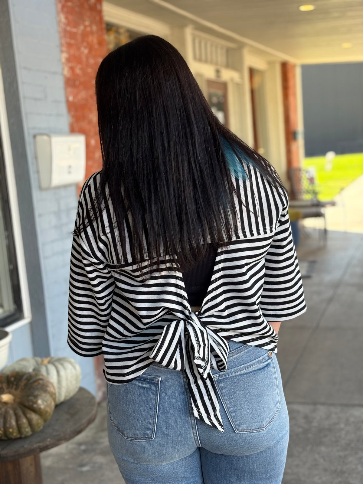 Striped Knit Back Bow Tie Open Back Top