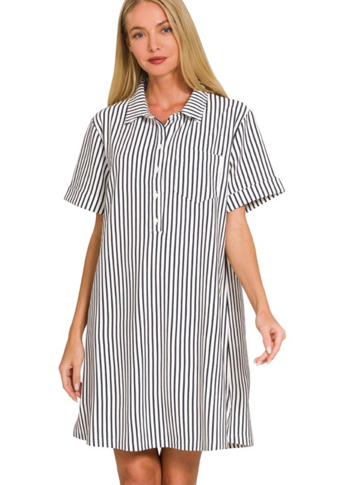 Stripe Collared Half Button Up T-shirts Dress