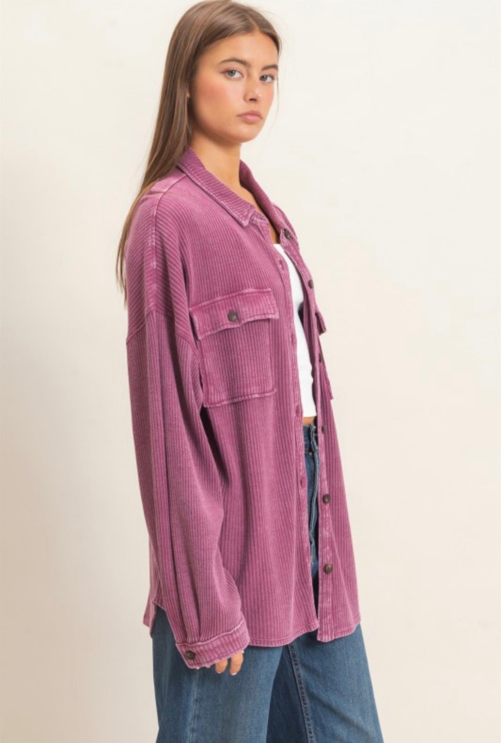 Mineral Wash Waffle Knit Button-up Shacket