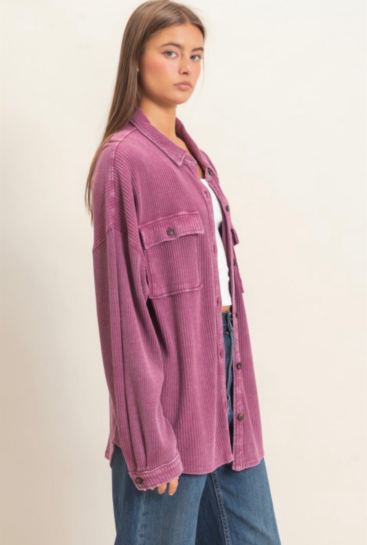 Mineral Wash Waffle Knit Button-up Shacket