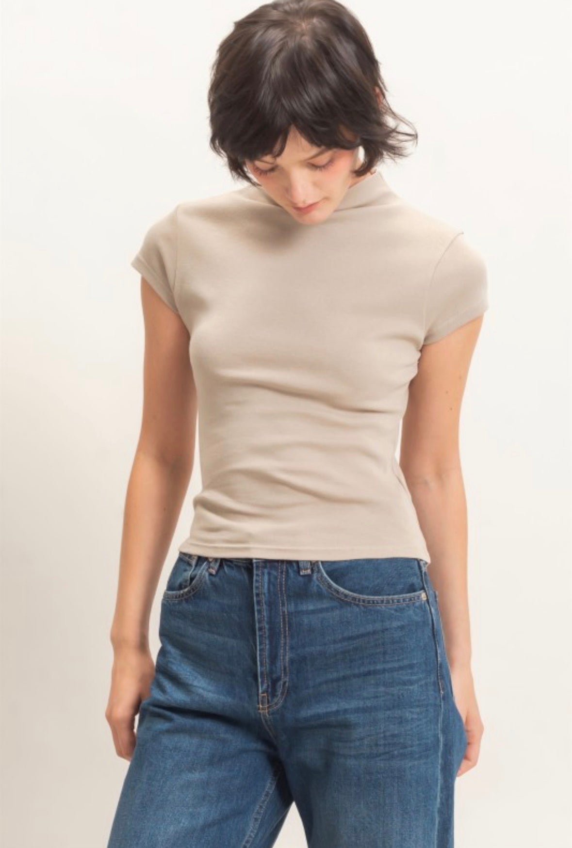 Mock Neck Cap Sleeve Top