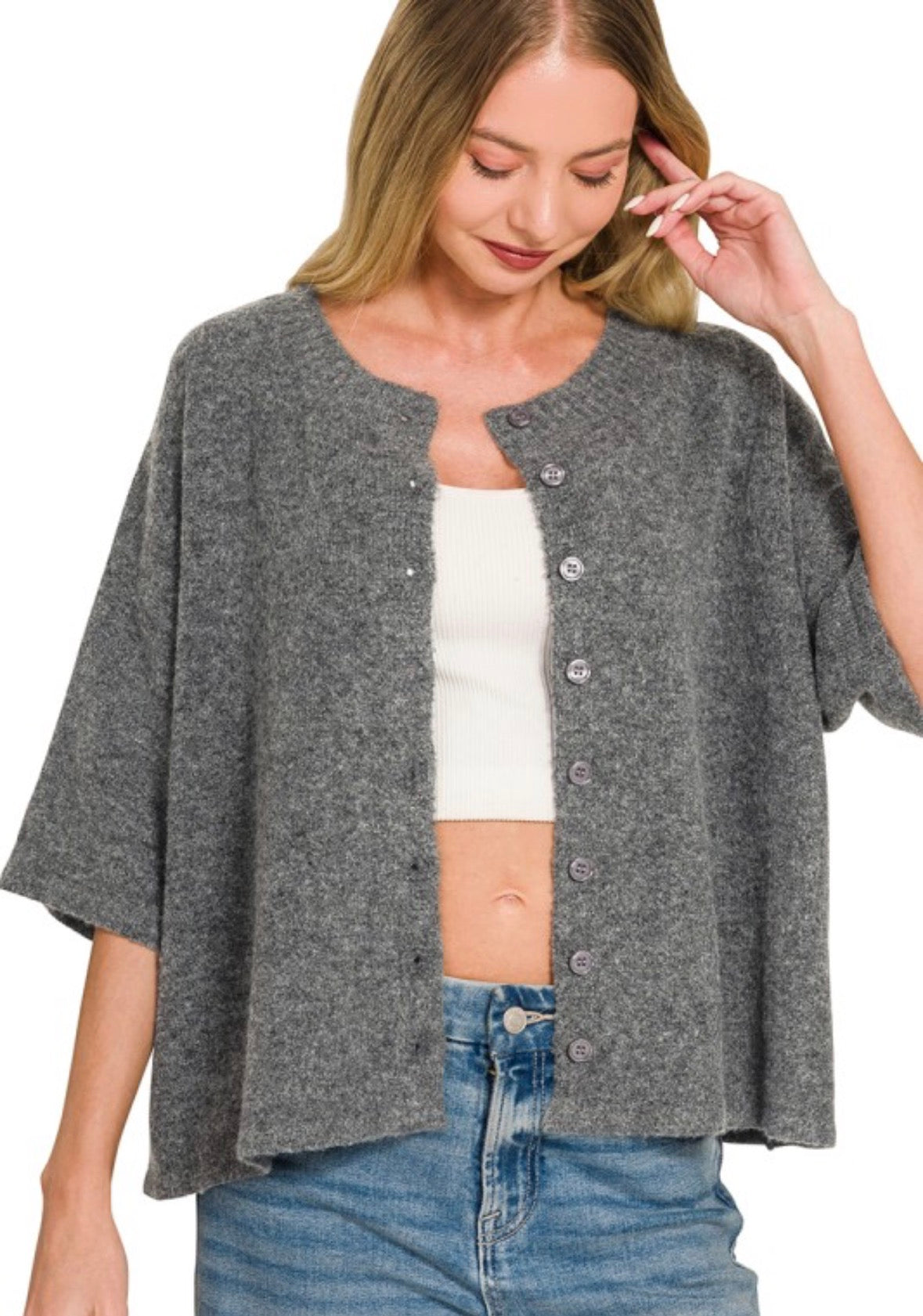 Wool Blend Half Sleeve Cardigan Sweater