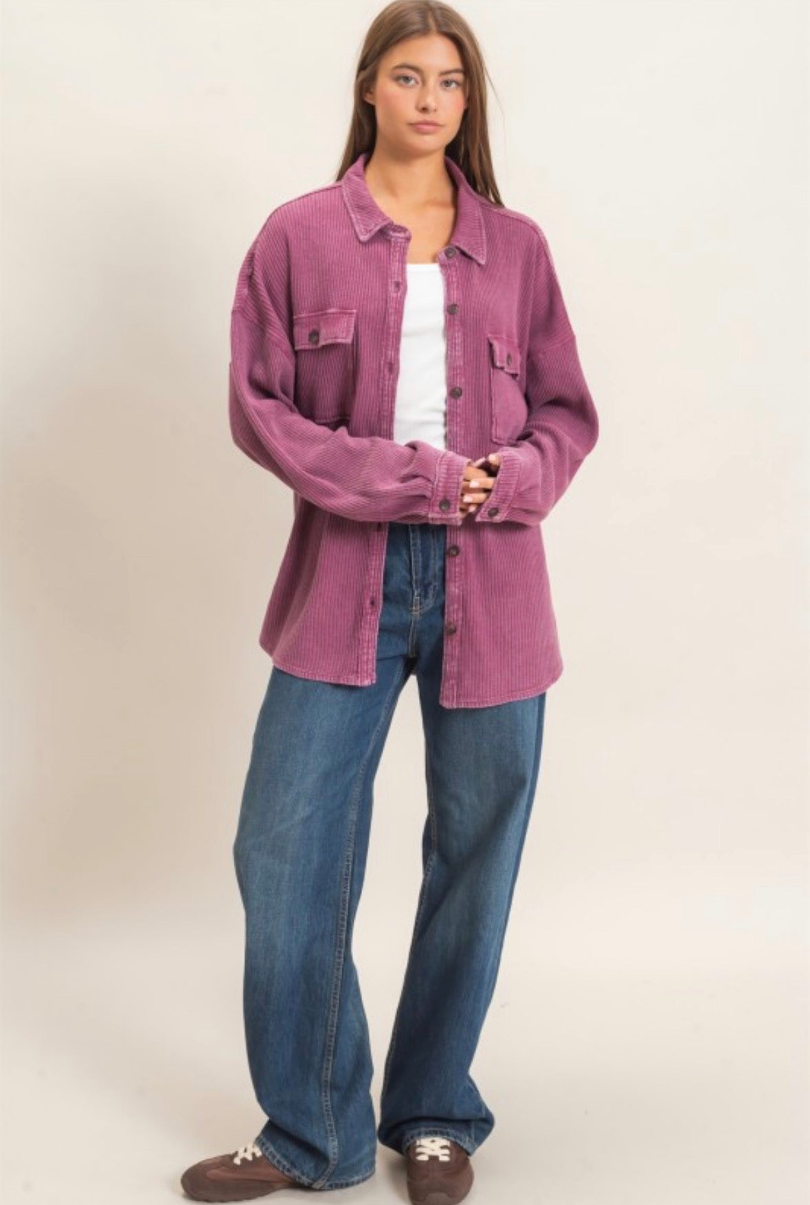 Mineral Wash Waffle Knit Button-up Shacket
