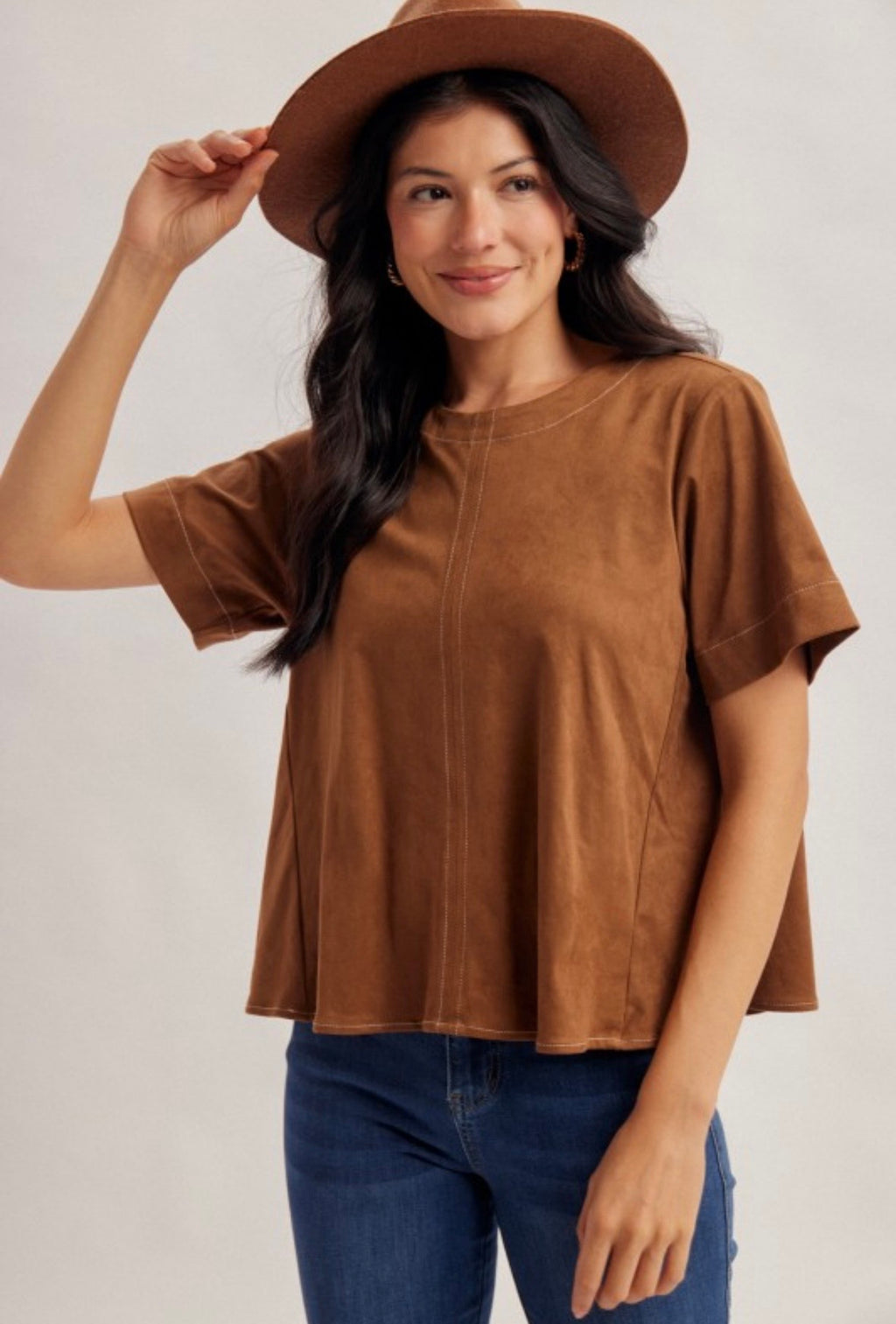 Round Neck Faux Suede Button Closure Back Swing Blouse
