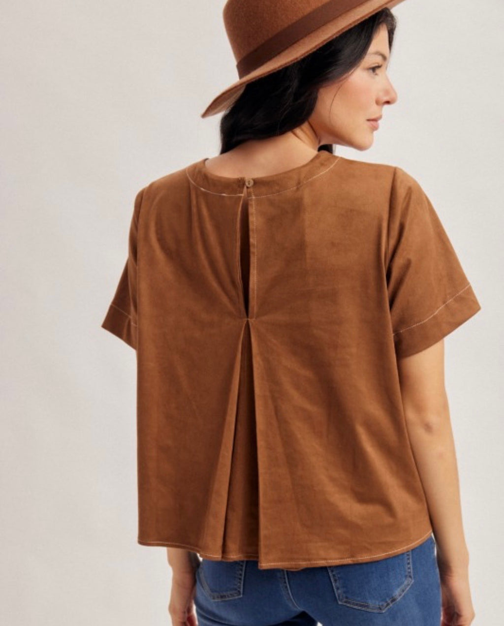 Round Neck Faux Suede Button Closure Back Swing Blouse