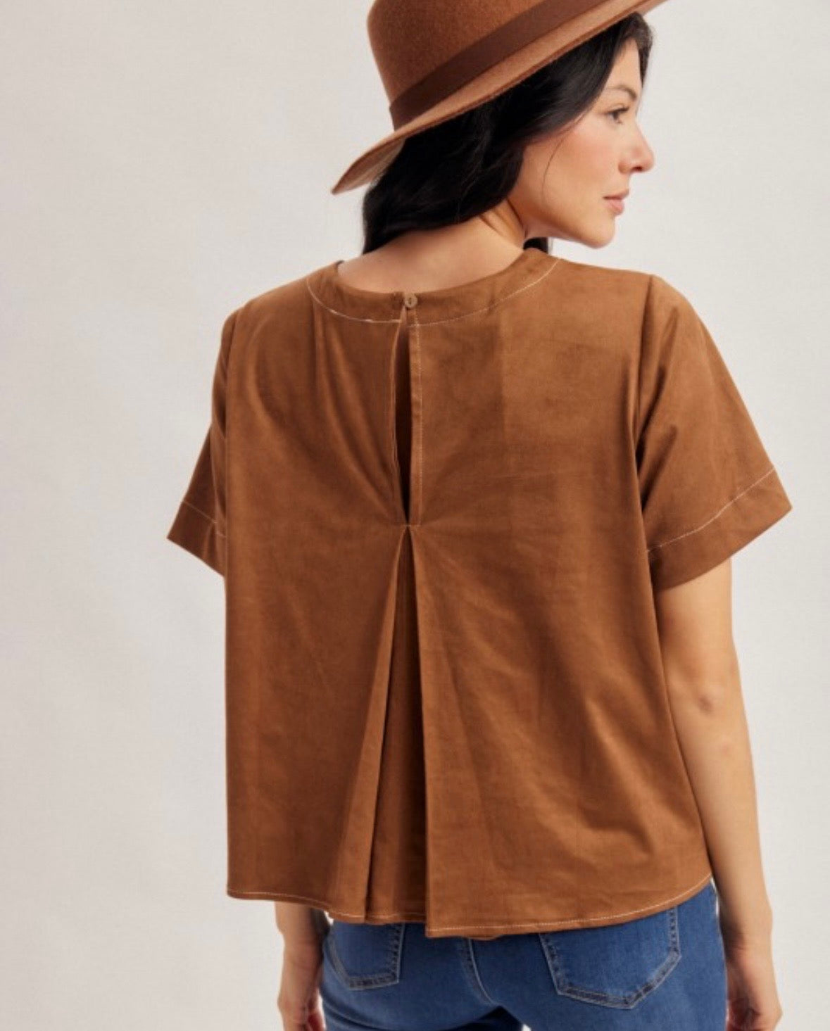 Round Neck Faux Suede Button Closure Back Swing Blouse
