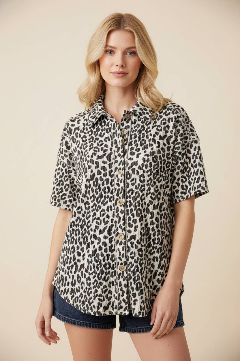 Leopard Collared Button Up Top