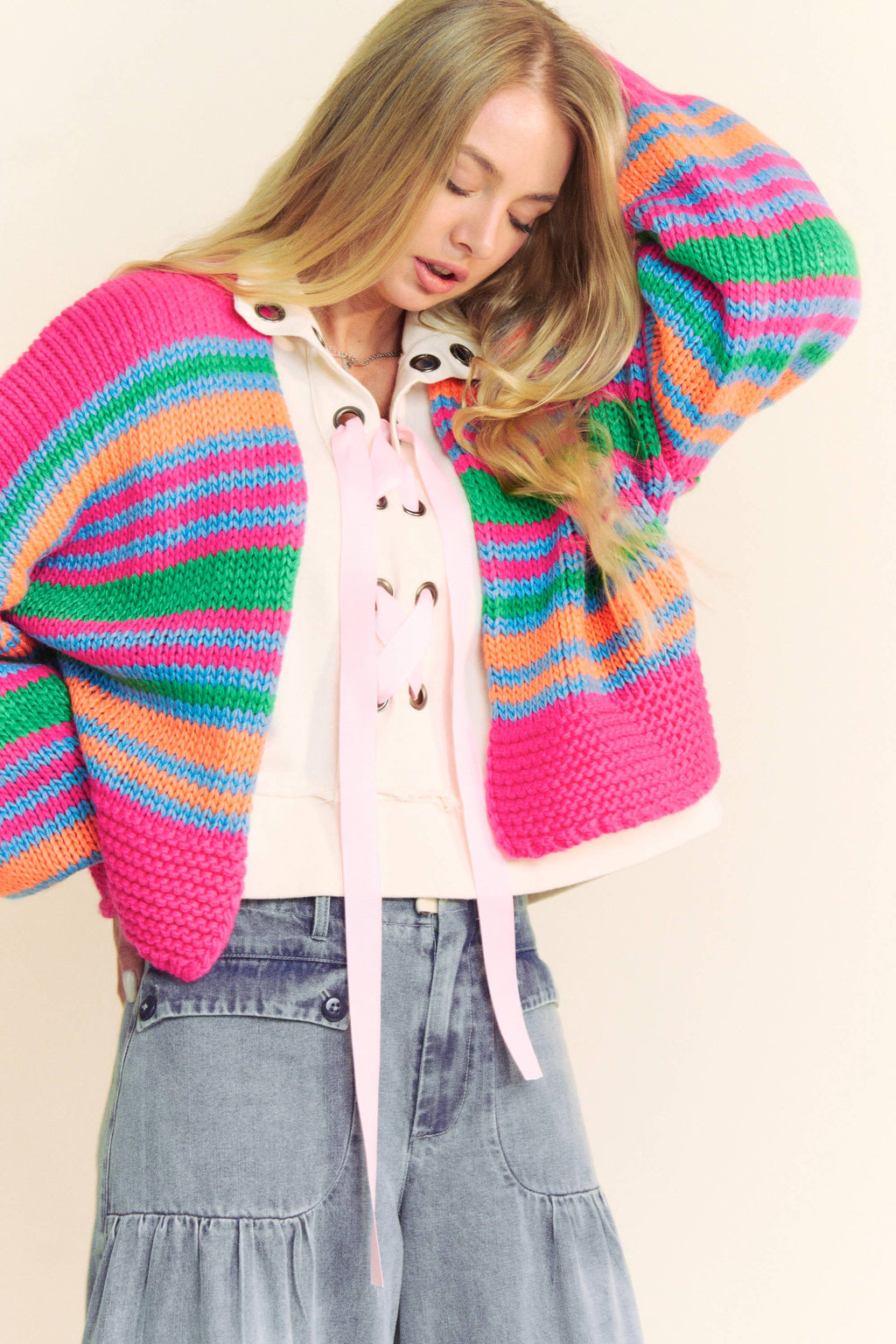 Chunky Knit Multi Striped Open Sweater Cardigan