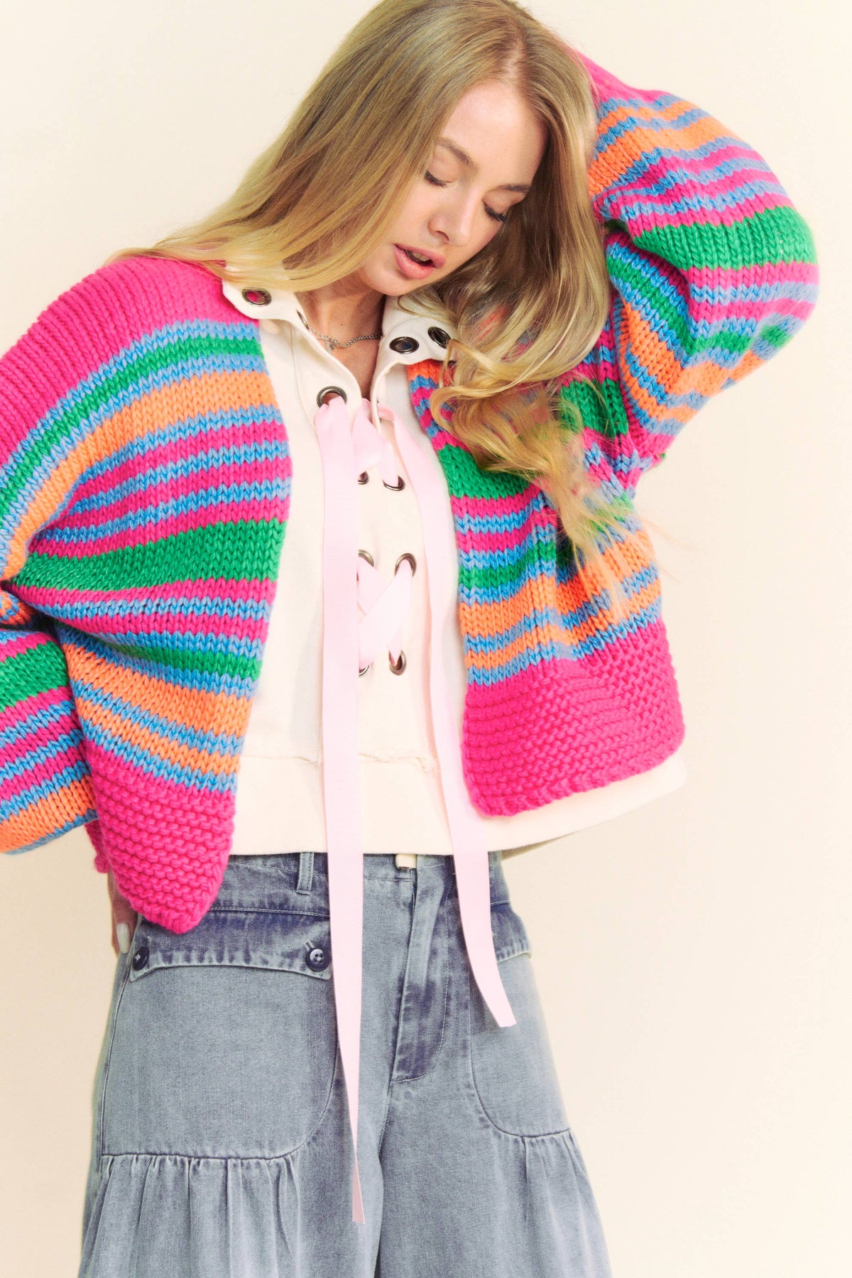 Chunky Knit Multi Striped Open Sweater Cardigan