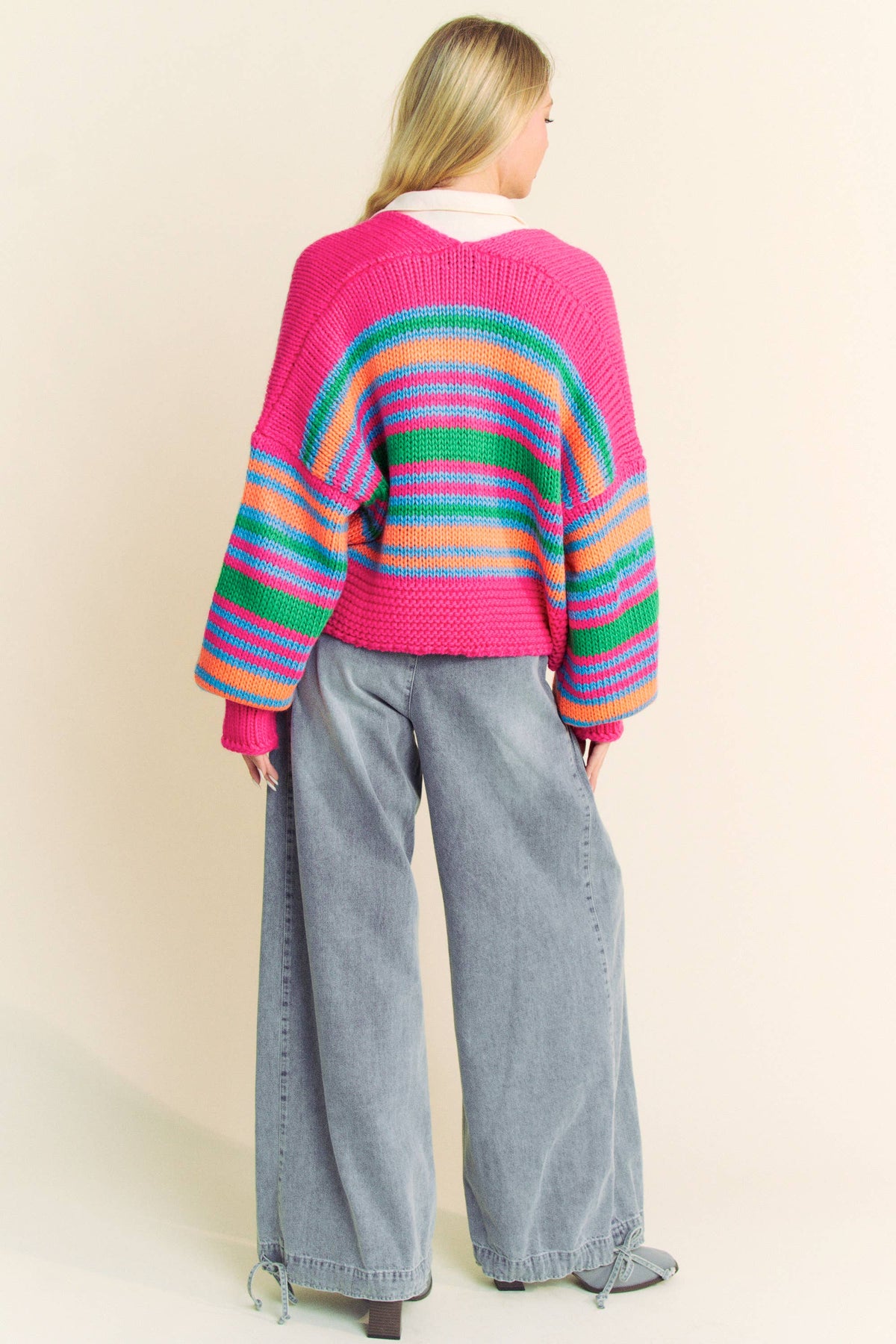 Chunky Knit Multi Striped Open Sweater Cardigan