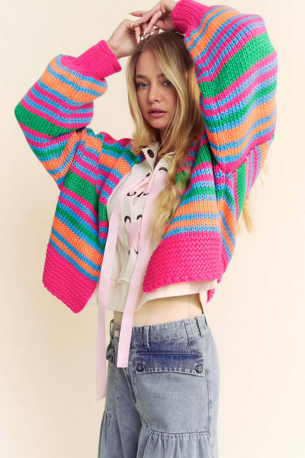 Chunky Knit Multi Striped Open Sweater Cardigan