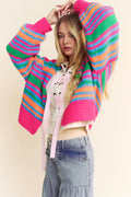 Chunky Knit Multi Striped Open Sweater Cardigan