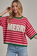 CHRISTMAS MERRY SHERPA LETTERING STRIPE SWEATER