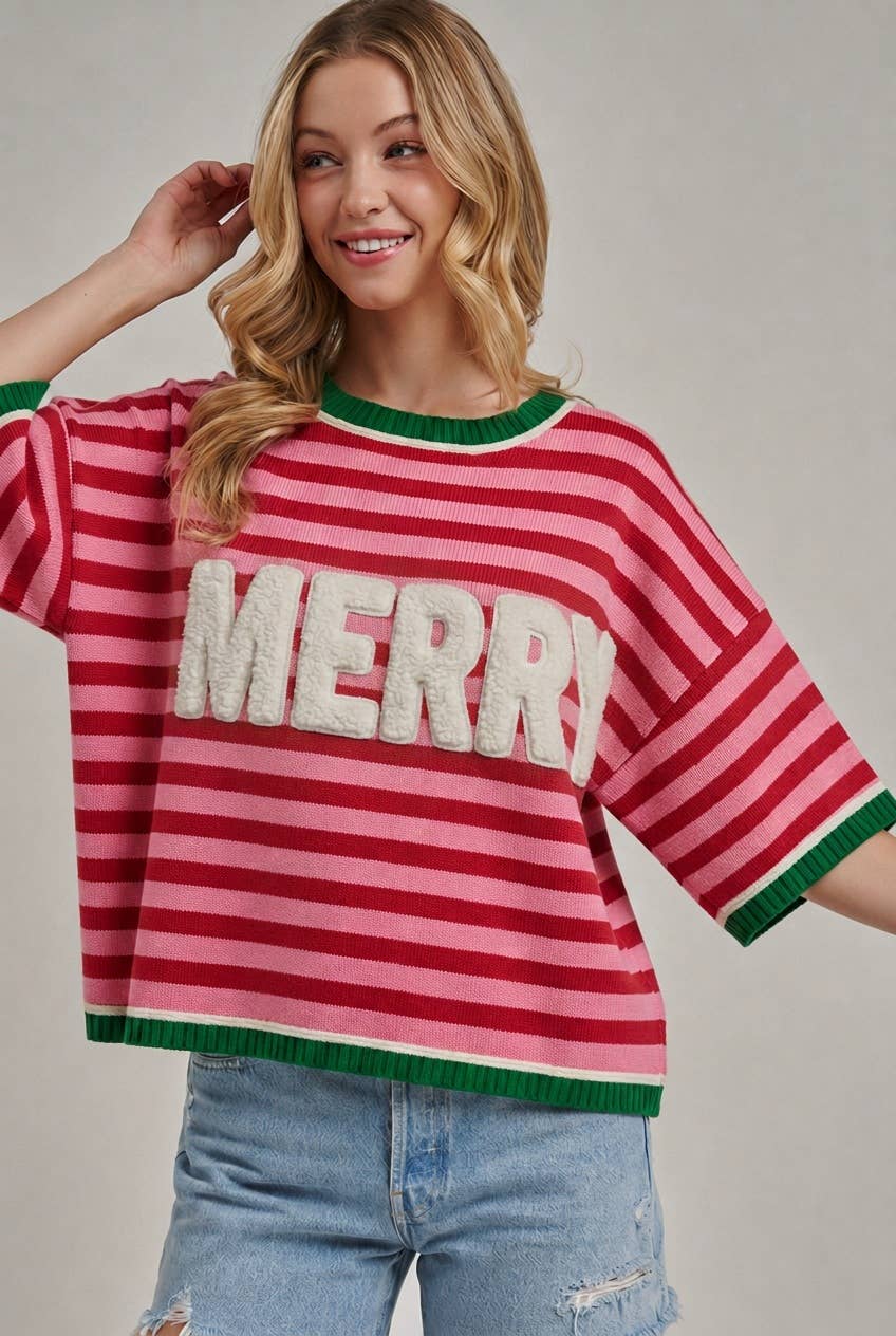 CHRISTMAS MERRY SHERPA LETTERING STRIPE SWEATER