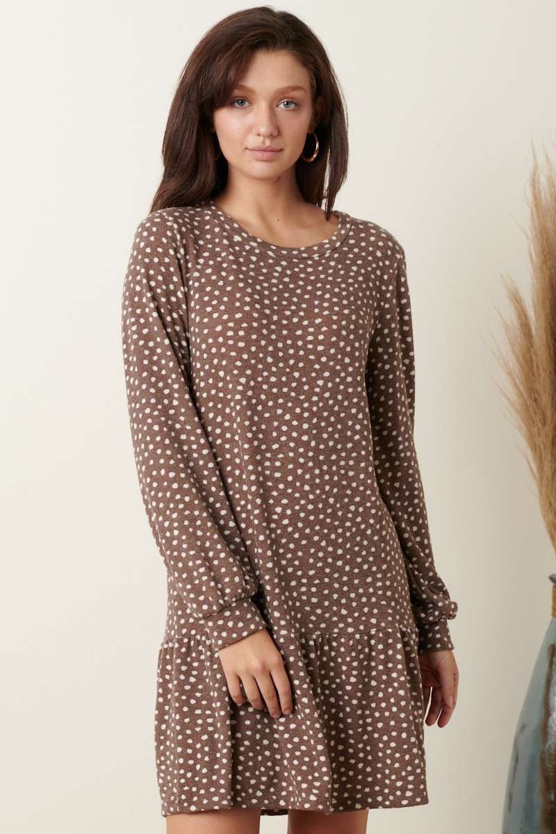 DOT PRINT RUFFLE DETAIL MINI SWEATER DRESS