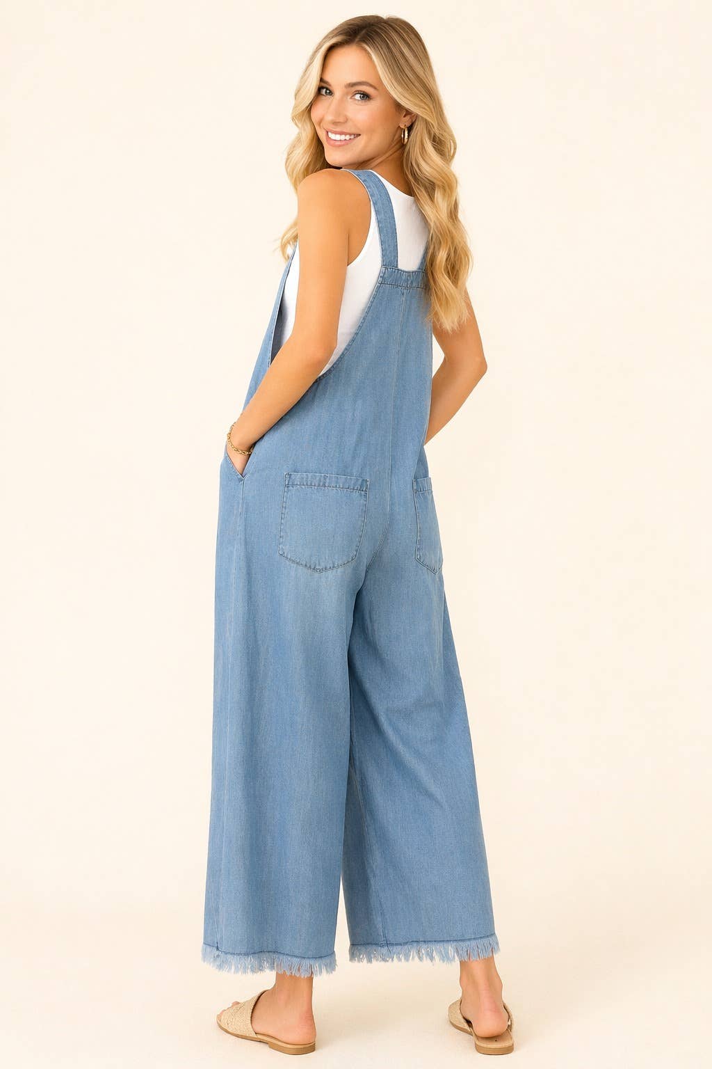 Soft Denim Wide Leg Overall Jumpsuit with Pocket Detail