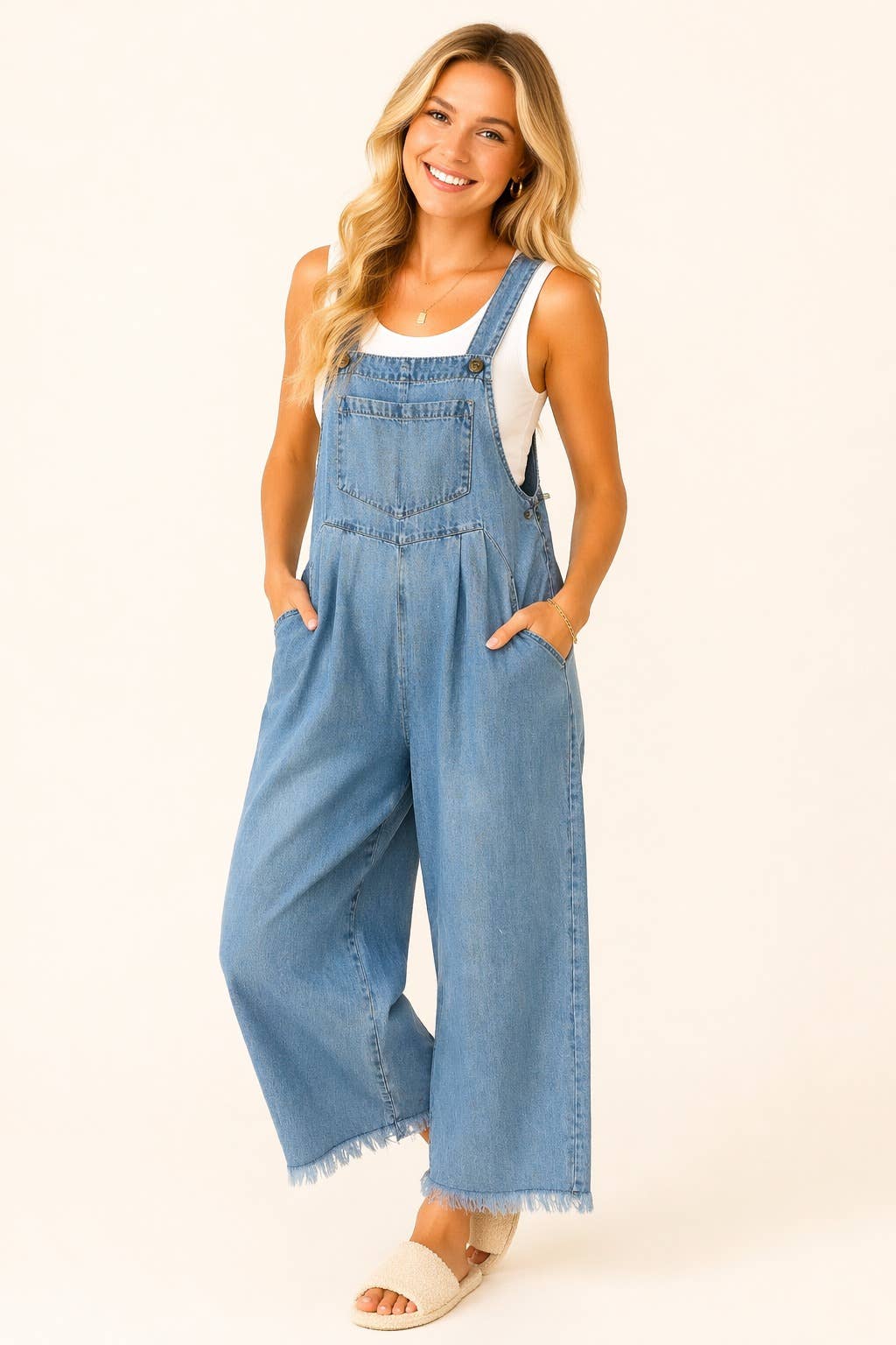 Soft Denim Wide Leg Overall Jumpsuit with Pocket Detail